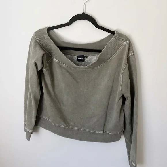 Mono B Gray Off Shoulder Faded Athleisure Sweatshirt Size Medium - Picture 2 of 10